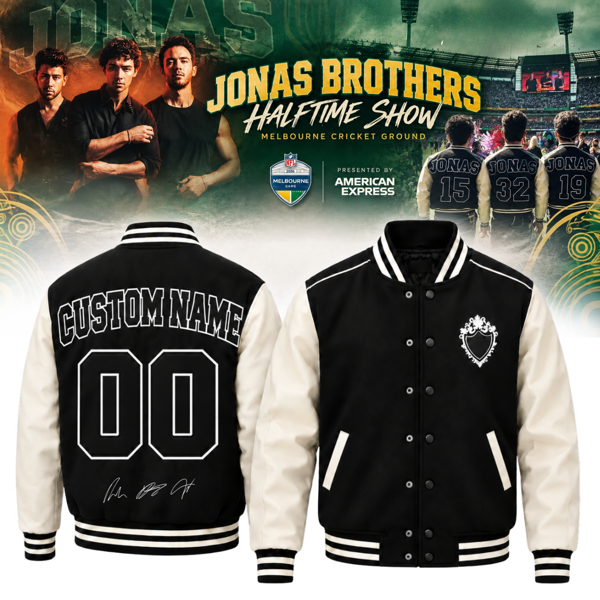 Jonas Brothers ” Halftime Show at 2026 Melbourne Game LIVE on Netflix ” – Bomber (Custom name & Number)