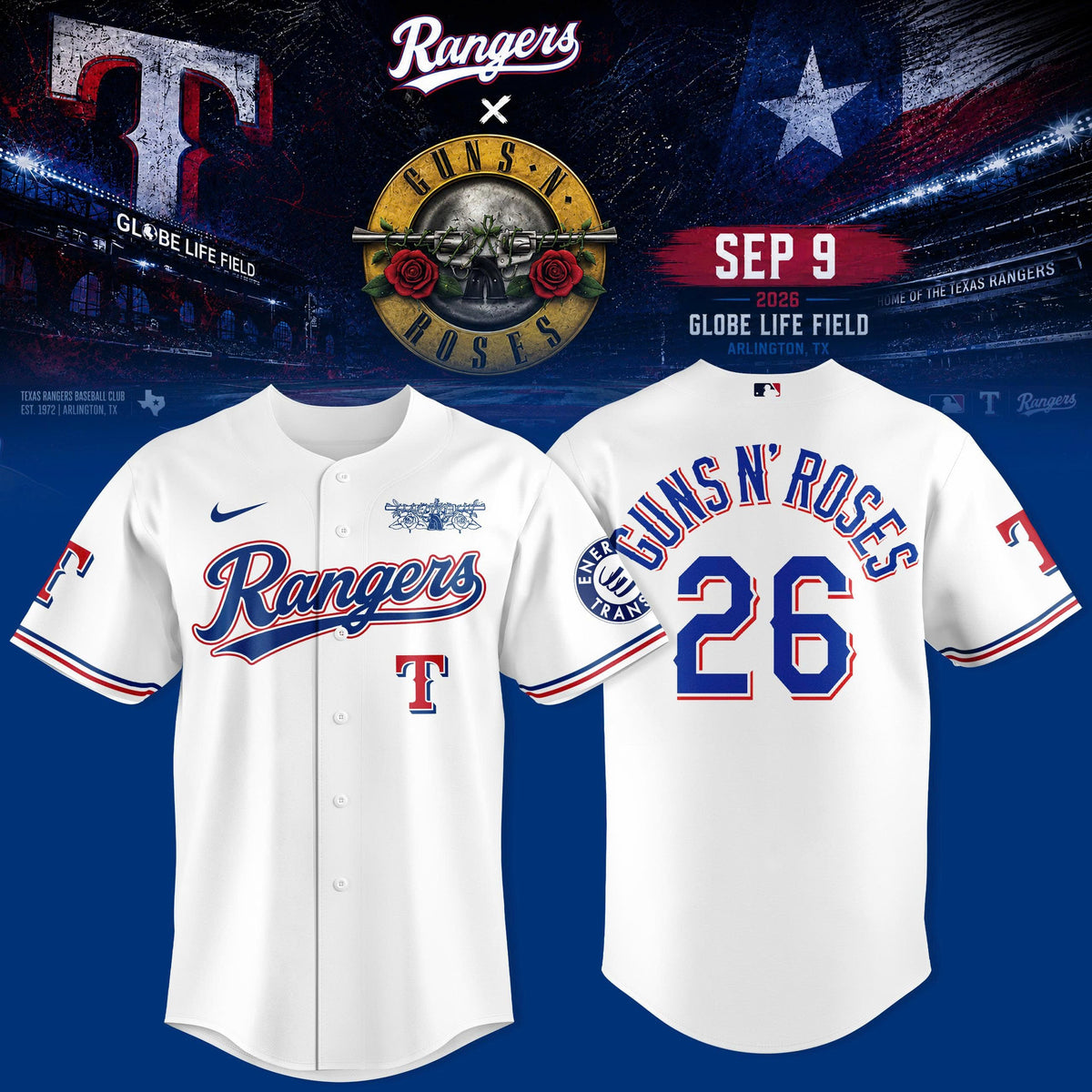 _Tx Rngrs x Gns N Rss Globe Life Field 3D All-Over Print Baseball Jersey V2