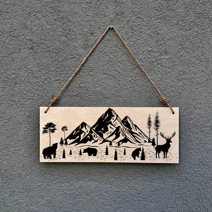 Rustic Mountain Scene Wood Sign: Cabin Decor with Bear & Deer