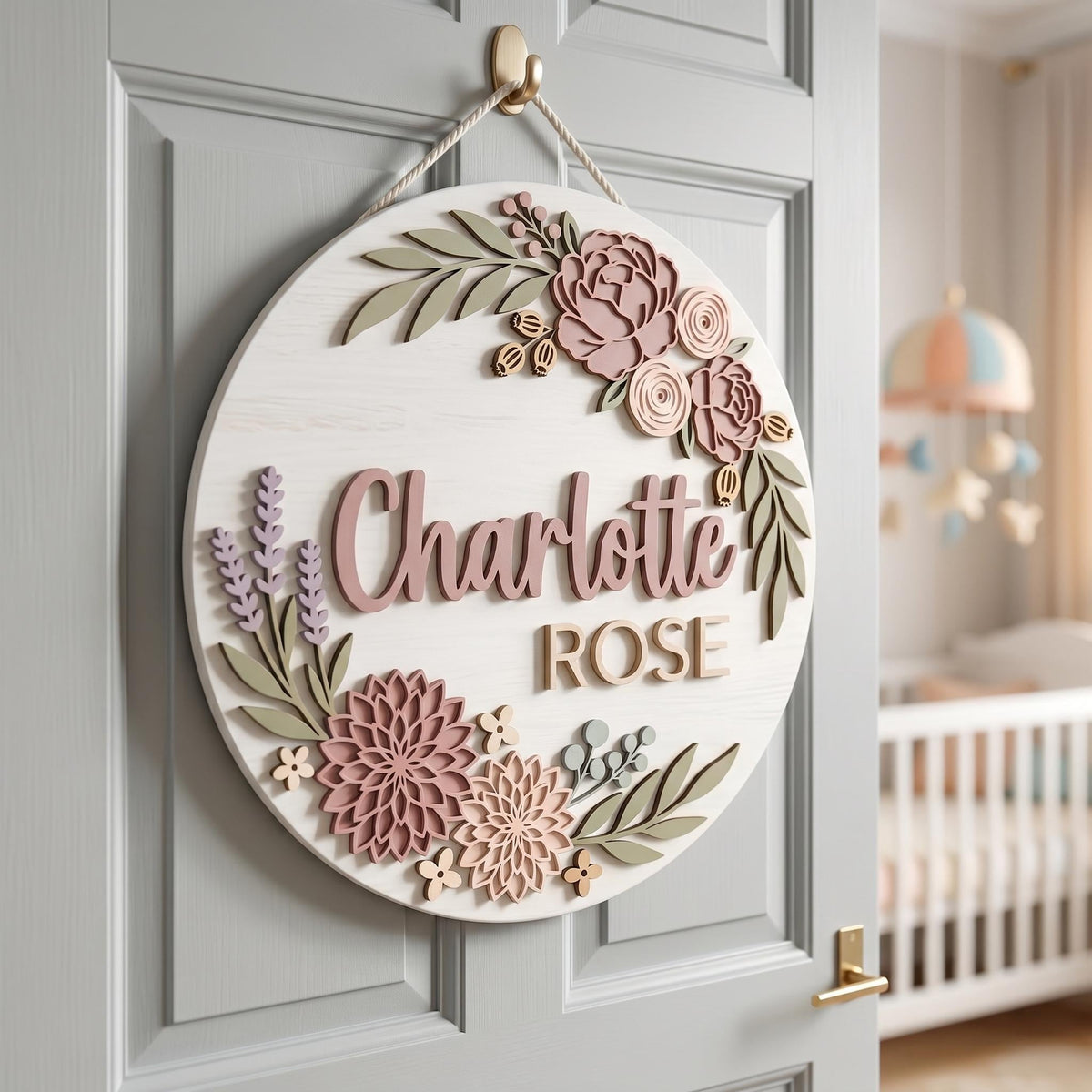 Personalized Baby Girl Nursery Door Sign, Custom Name Wooden Round Sign, Garden Rose Floral Wall Decor, Baby Shower Gift, Newborn Room Art