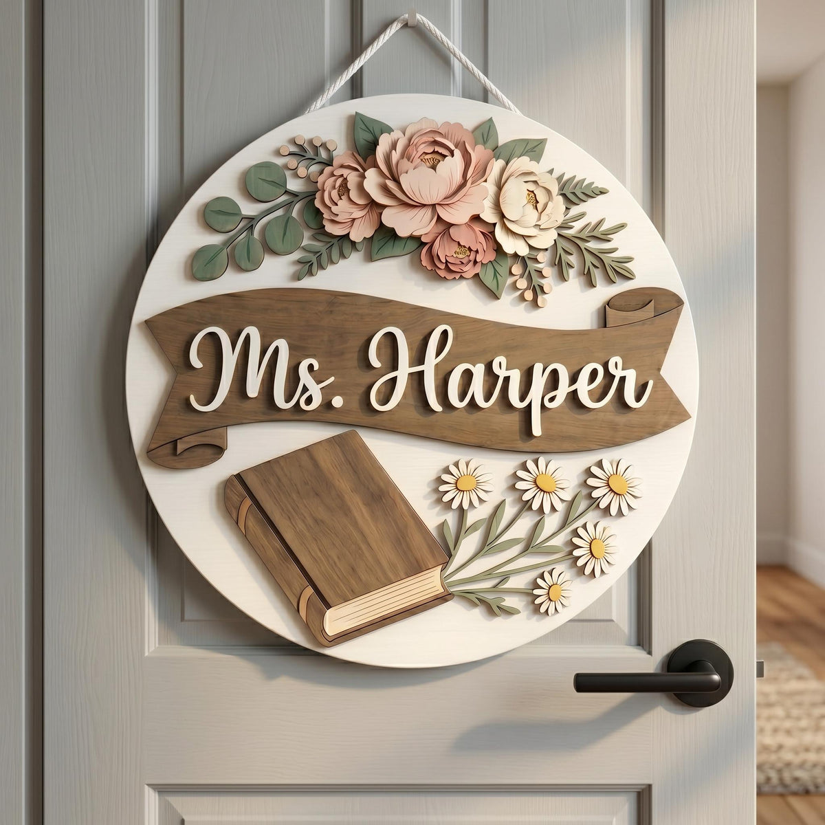 Personalized Teacher Classroom Name Sign, 3D Wood Floral Door Decor, Custom Teacher Appreciation Gift, Book Lover Wall Art, Flower Decor