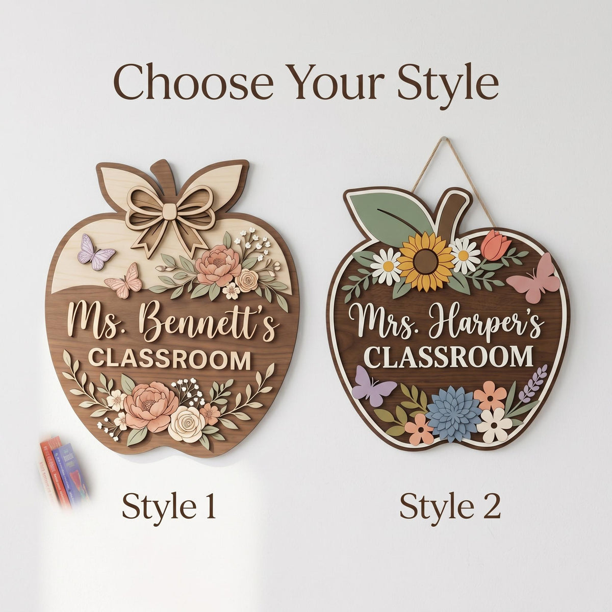 Personalized Teacher Apple Sign, Custom 3D Wood Classroom Door Decor, Floral Welcome Classroom Sign, Teacher Appreciation Gift, Wooden.