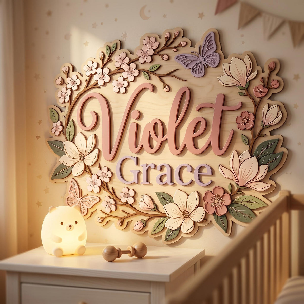 Custom Floral Baby Name Sign, 3D Wood Cherry Blossom Nursery Decor, Personalized Botanical Wall Art, Magnolia Flower Nursery Gift, Wood Sign