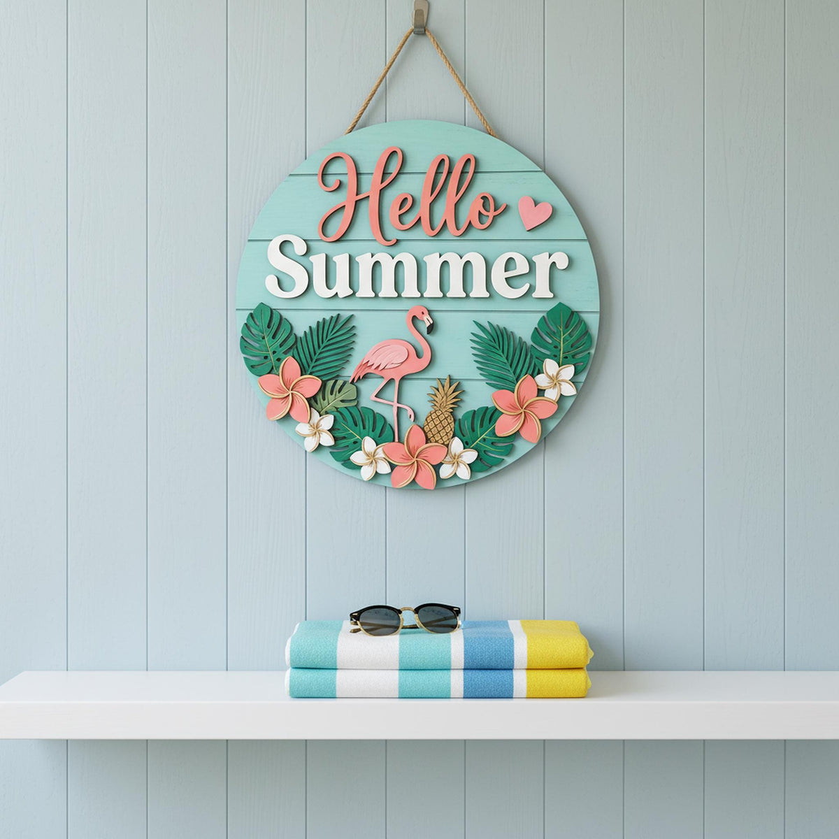 Personalized Summer Family Name Sign 3D, Custom Beach House Wood Door Hanger, Tropical Hawaiian Patio Decor, Pool Party Housewarming Gift