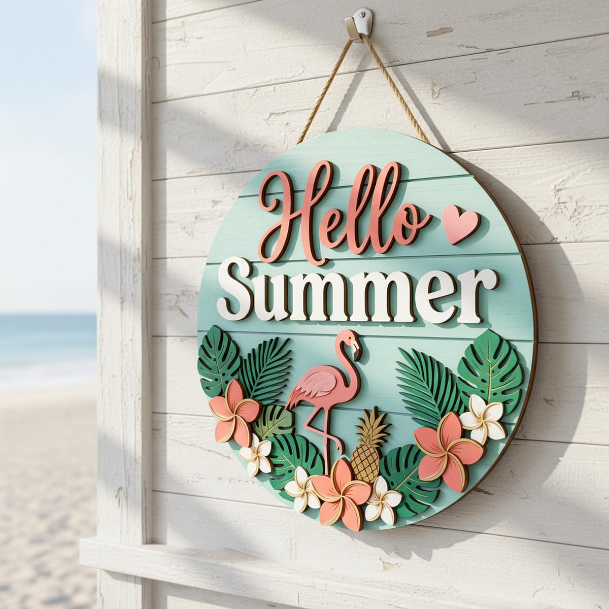 Personalized Summer Family Name Sign 3D, Custom Beach House Wood Door Hanger, Tropical Hawaiian Patio Decor, Pool Party Housewarming Gift