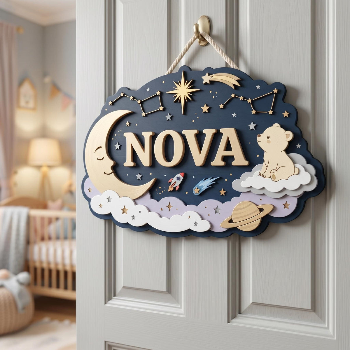 Custom Celestial Nursery Name Sign 3D, Personalized Outer Space Baby Girl Boy Room Wall Decor, Wood Moon Star Plaque, New Parents Gift Ideas