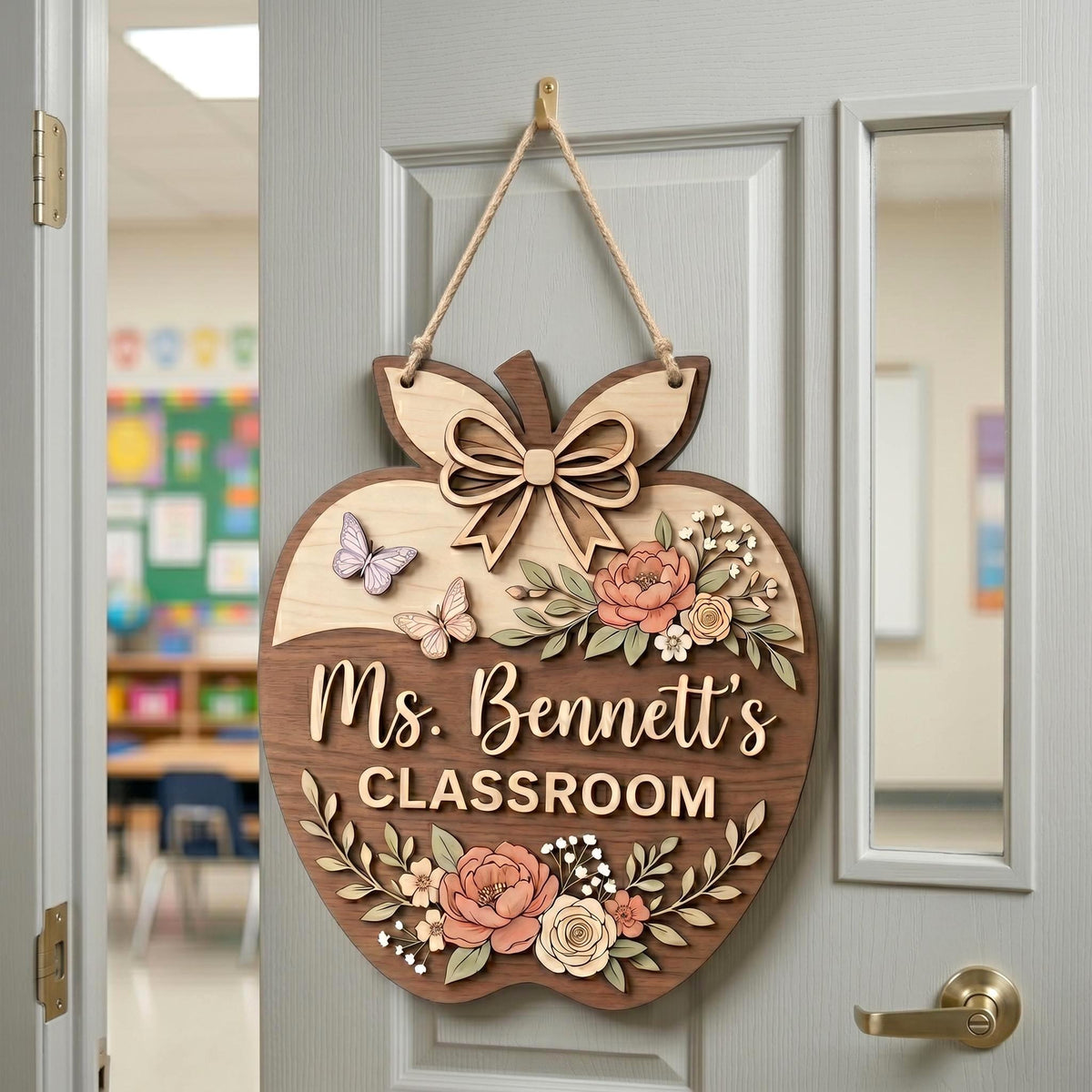 Personalized Teacher Apple Sign, Custom 3D Wood Classroom Door Decor, Floral Welcome Classroom Sign, Teacher Appreciation Gift, Wooden.