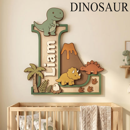 Personalized Woodland Nursery Monogram Sign, 3D Wood Initial Letter Decor, Custom Baby Door Hanger, Forest Wilderness Kids Wall Art, Gift