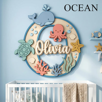 Personalized Woodland Nursery Monogram Sign, 3D Wood Initial Letter Decor, Custom Baby Door Hanger, Forest Wilderness Kids Wall Art, Gift