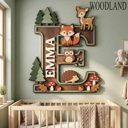 Personalized Woodland Nursery Monogram Sign, 3D Wood Initial Letter Decor, Custom Baby Door Hanger, Forest Wilderness Kids Wall Art, Gift
