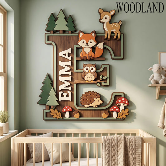 Personalized Woodland Nursery Monogram Sign, 3D Wood Initial Letter Decor, Custom Baby Door Hanger, Forest Wilderness Kids Wall Art, Gift