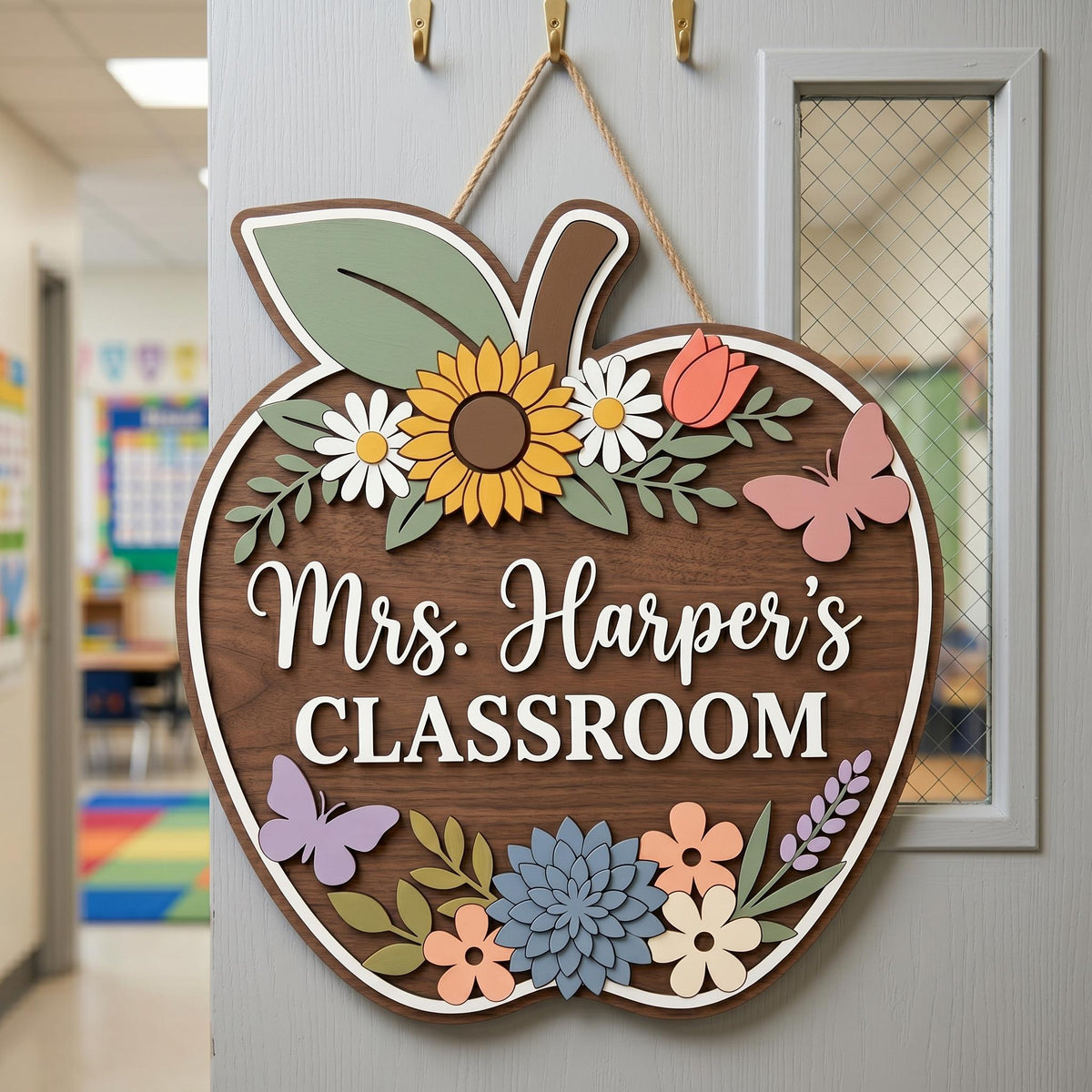 Personalized Teacher Apple Sign, Custom 3D Wood Classroom Door Decor, Floral Welcome Classroom Sign, Teacher Appreciation Gift, Wooden.