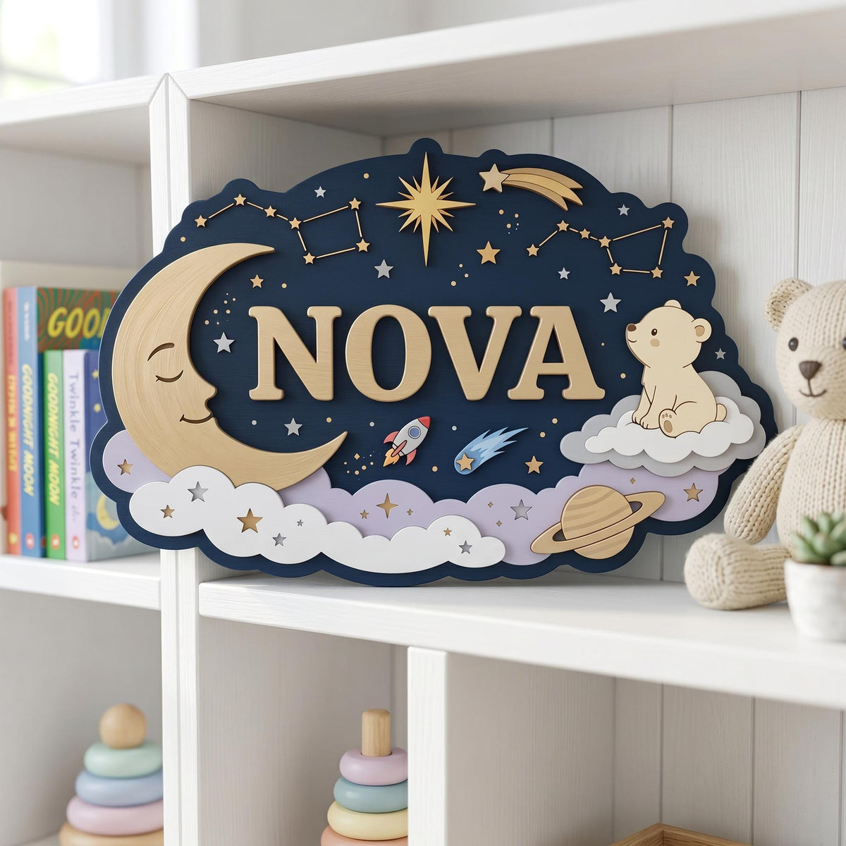 Custom Celestial Nursery Name Sign 3D, Personalized Outer Space Baby Girl Boy Room Wall Decor, Wood Moon Star Plaque, New Parents Gift Ideas