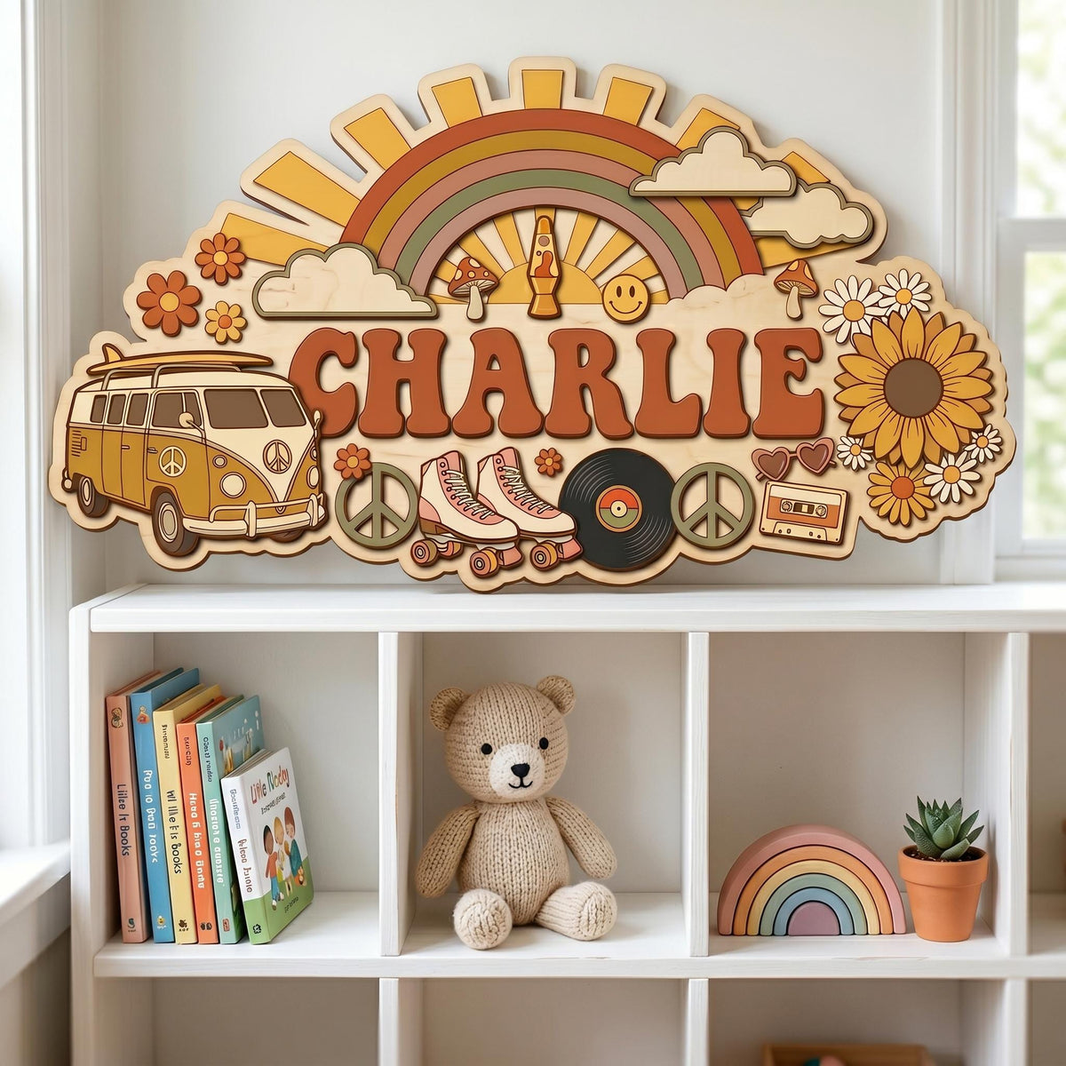 Custom Groovy Nursery Name Sign 3D, Personalized 70s Retro Baby Room Wall Decor, Wood Hippie Van Sun Flower Plaque, New Parents Gift Ideas