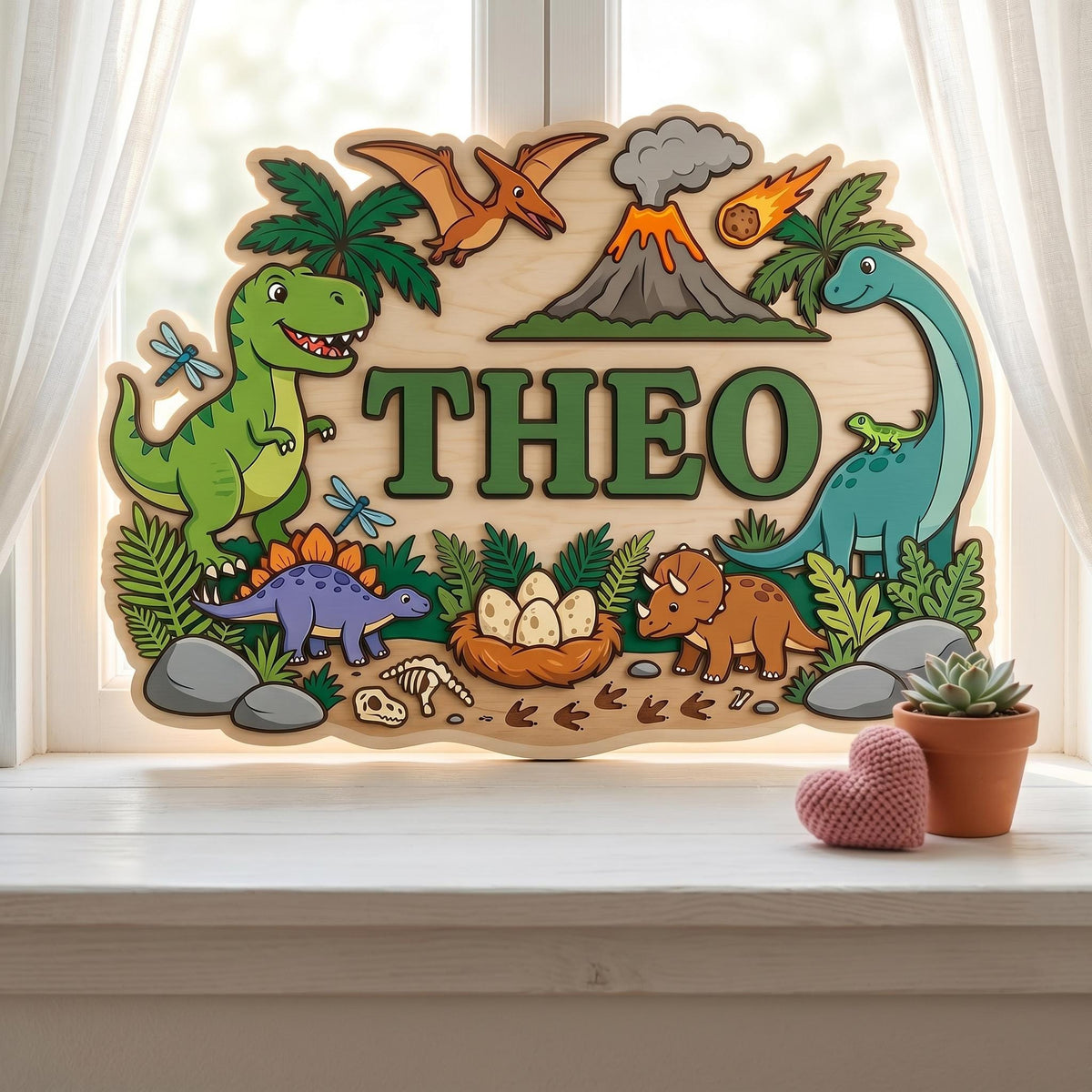 Custom Dinosaur Nursery Name Sign 3D, Personalized Jurassic Baby Boy Room Wall Decor, Wood T-Rex Volcano Plaque, New Parents Gift Ideas