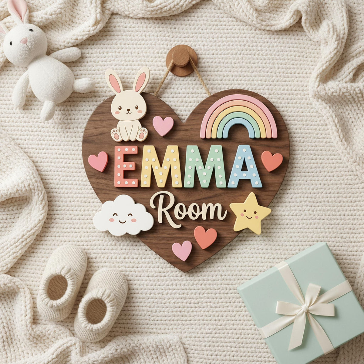 Custom Heart Nursery Name Sign 3D, Personalized Bunny Rainbow Baby Girl Room Wall Decor, Cute Polka Dot Wood Plaque, New Parents Gift Ideas