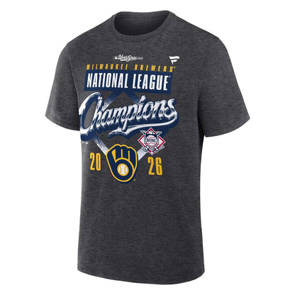 Exclusive Milwaukee Brewers Fanatics Heather Charcoal 2026 National League Champions Locker Room T-Shirt Team Signatures Print