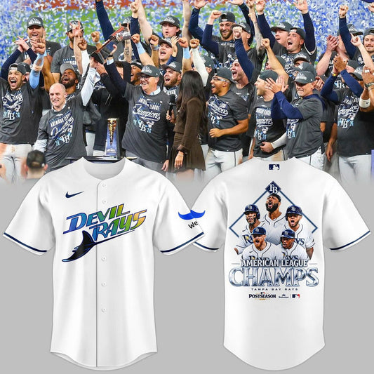 Tampa Bay Rays 2026 American League Champs Baseball Jersey - Vintage Devil Rays White Button Up Jersey