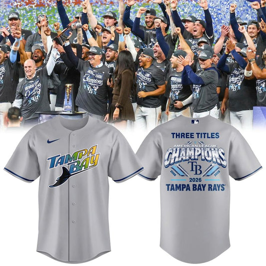 Tampa Bay Rays Three Titles AL Champs Gray Baseball Jersey - 2008 2020 2026 American League Champions Grey Button Up Shirt - Retro Rays Road Merch