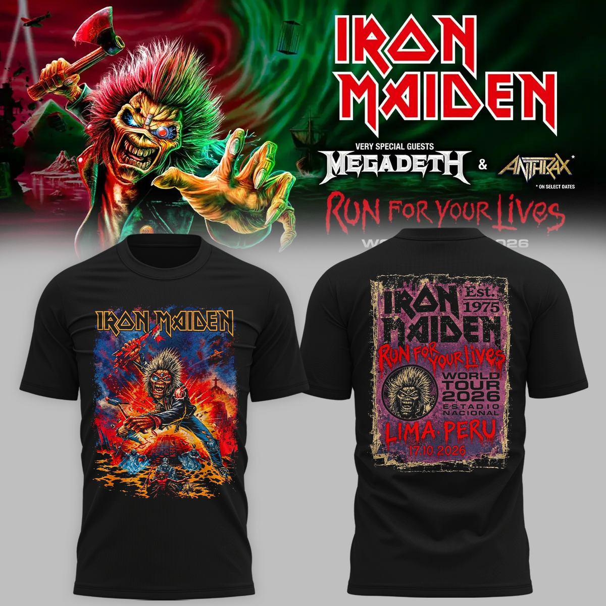 Iron Maiden Lima Peru Event Tee 2026 Live At Estadio Nacional Run For Your Lives Tour 17 October 2026 Two Sided T-Shirt