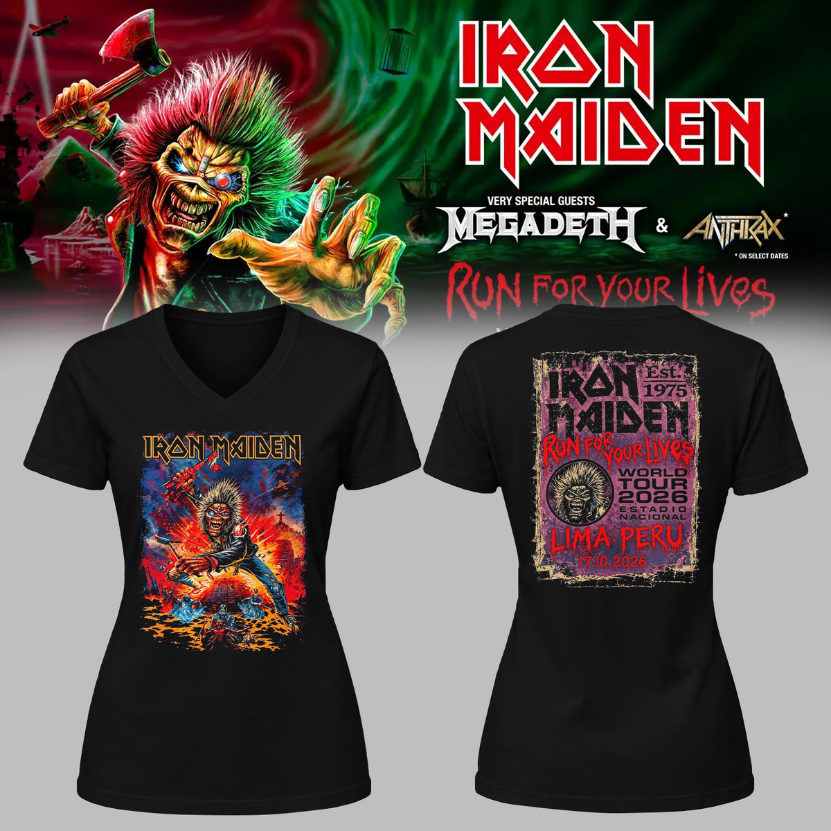Iron Maiden Lima Peru Event Tee 2026 Live At Estadio Nacional Run For Your Lives Tour 17 October 2026 Two Sided V Neck